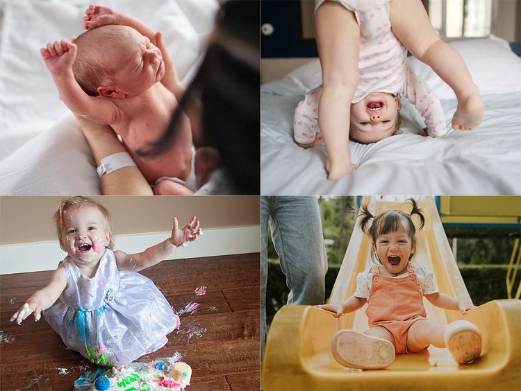 Collage of actor portrayals of a newborn baby being held, a baby smashing a cake, a baby looking upside down, & a toddler going down a slide.